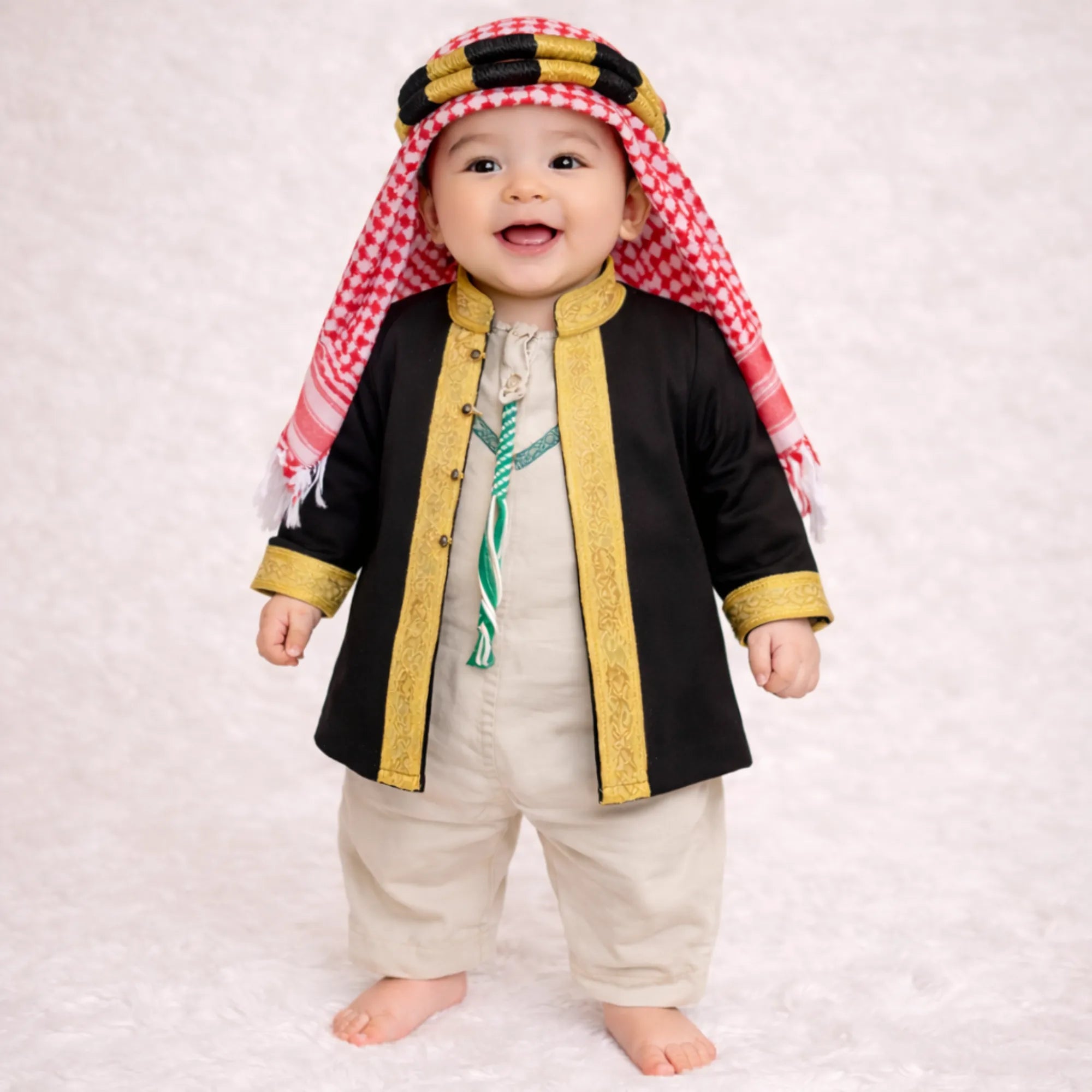 Baby boy wearing traditional black and gold embroidered thobe with red and white checkered headscarf Main image