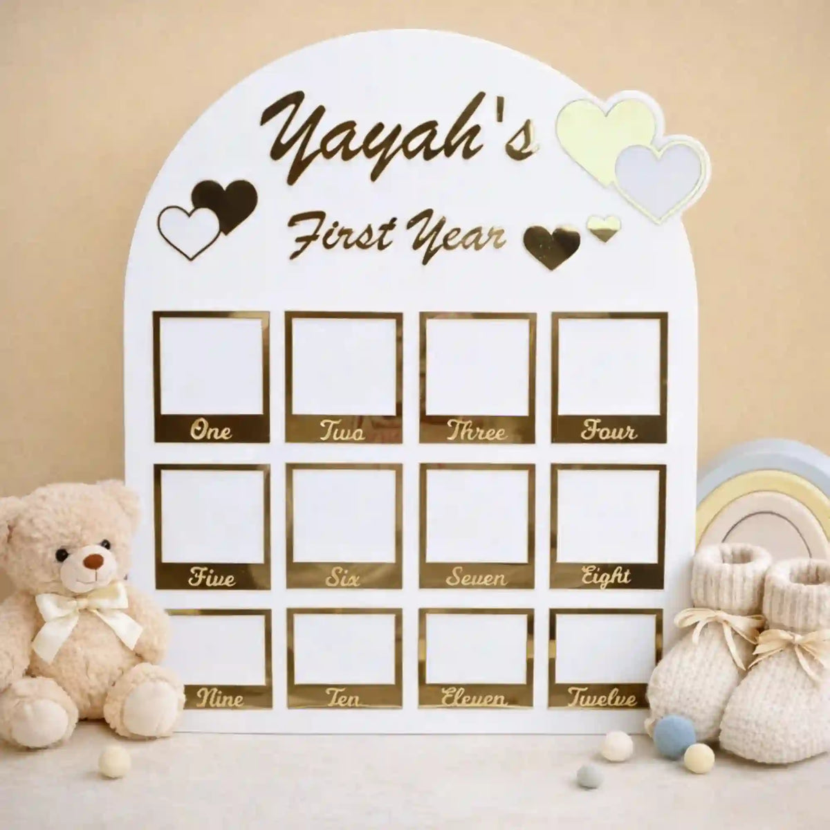 1 Year Baby Calendar Photo Frame | Photo Frames Online featuring 12 monthly photo slots with gold text, ideal for nursery décor and baby milestone keepsakes.