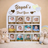 Personalized photo collage for a baby's first year with teddy bear and baby booties on a beige background.