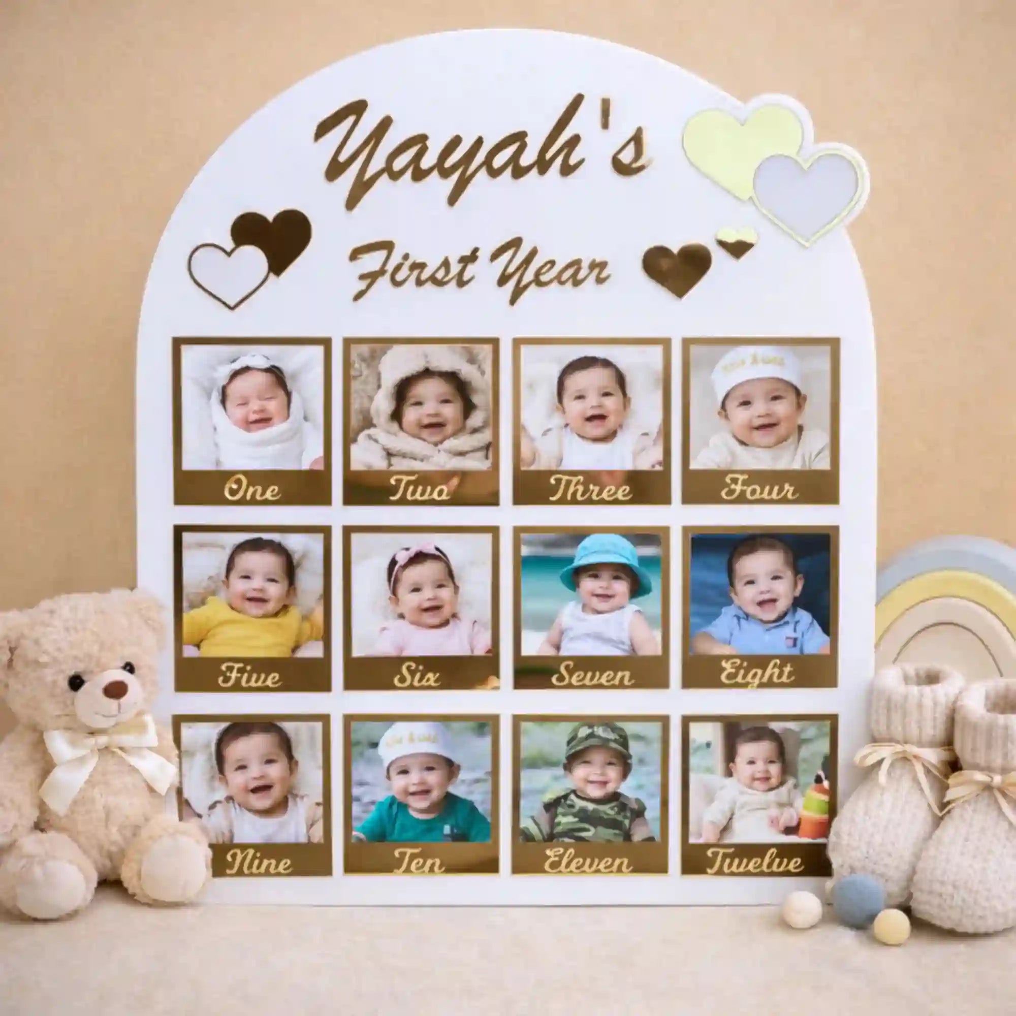 Personalized photo collage for a baby's first year with teddy bear and baby booties on a beige background. Main image