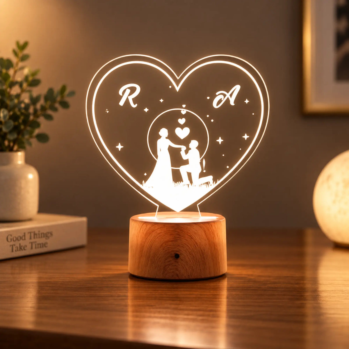Evergreen Love Personalized LED Lamp - Wooden Finish Base