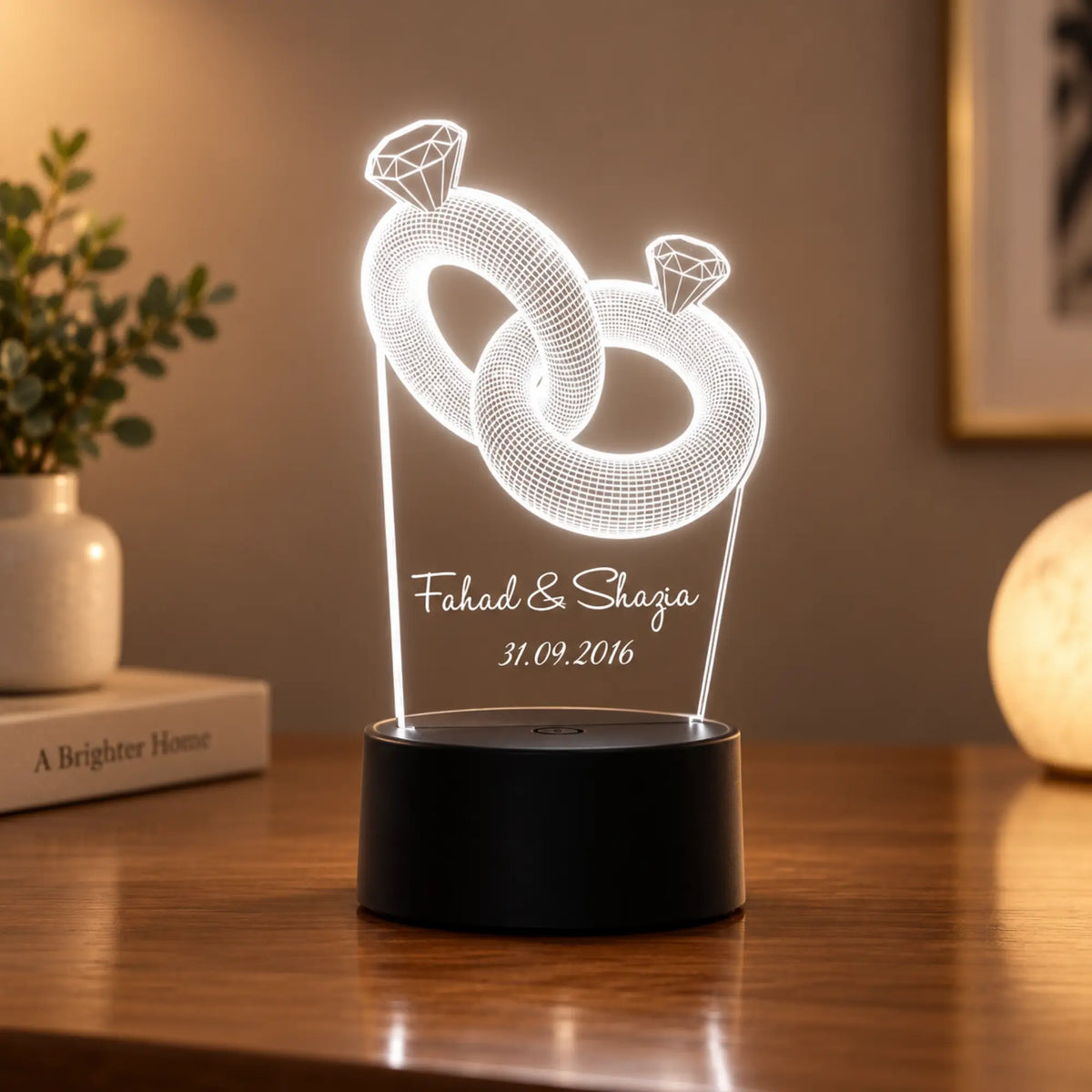 Couple Ring Personalized LED Lamp - Black Base