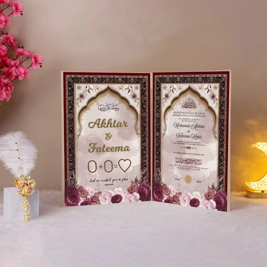 Lail-e-Ishq Nikah Nama booklet featuring Akhtar & Fateema's names in elegant calligraphy, ideal for Nikah ceremonies and bridal gifting.