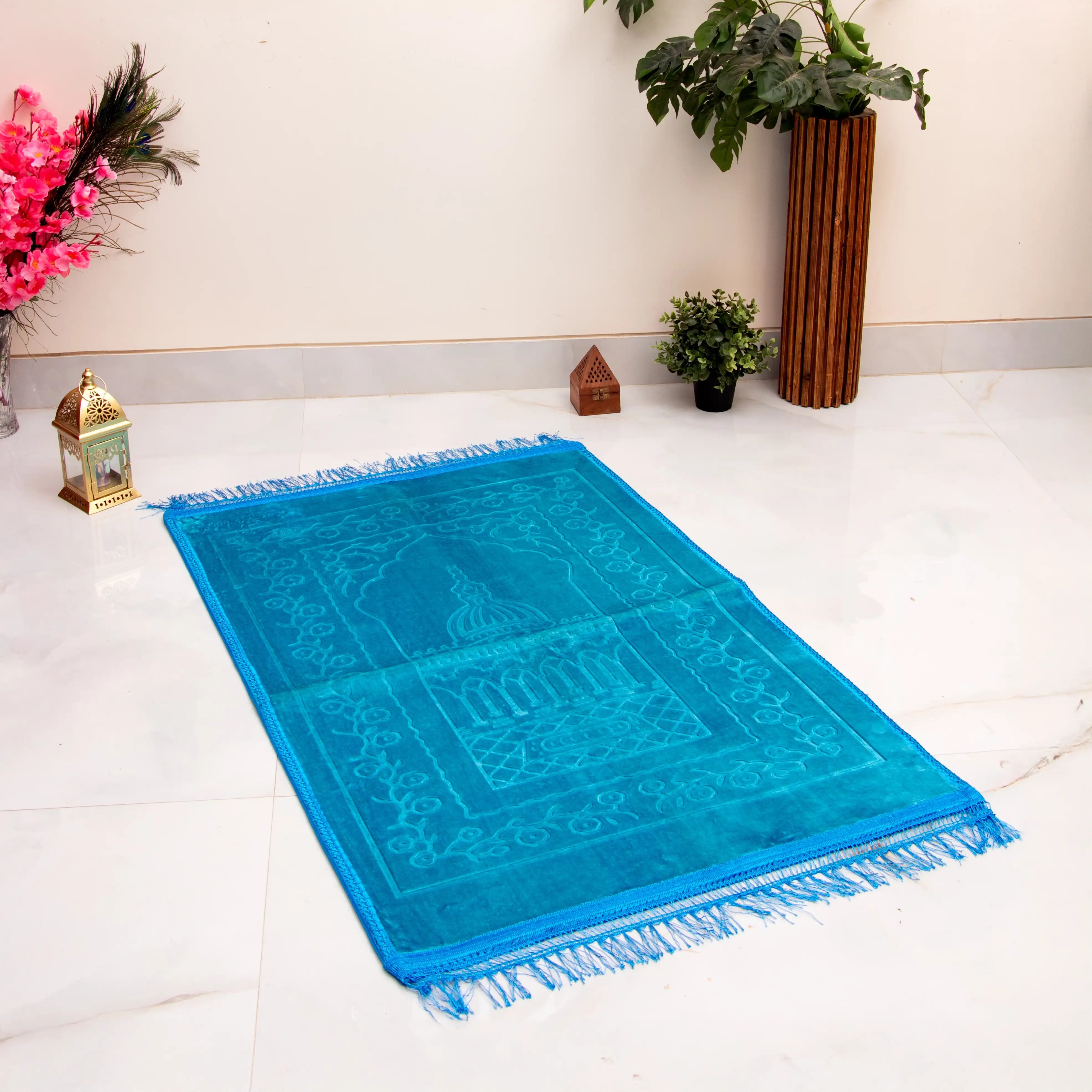 Turquoise Blue Prayer Rug in soft velvet with mosque motif, ideal for Ramadan or Eid gifts. Elegant rectangle Janamaz for daily prayers. Main image