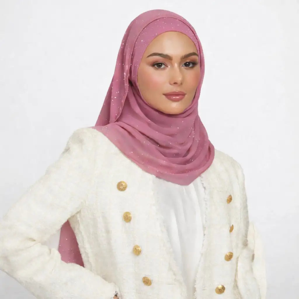 Light Pink Studded Hijab styled on model with white blazer, showcasing premium chiffon fabric and elegant studded detailing. Main image