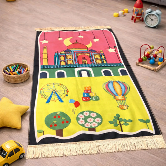 Kids Prayer Mat - Personalized Mat | Janamaz for Kids with mosque, hot air balloon, and Ferris wheel print, perfect for playful prayer time.
