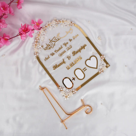 Elegant Lulu-al-Noor Dome Shape Thumb Printing Frame laid flat with gold stand, perfect for wedding keepsakes. Shop now at Hadiyah Gifting.