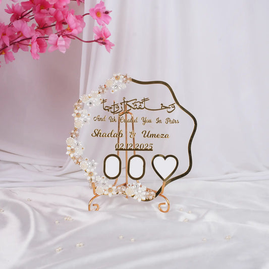 Lulu-al-Noor Star Shape Thumb Printing Frame for Nikah with floral pearl design, perfect for wedding ceremonies and personalized bridal gifts.