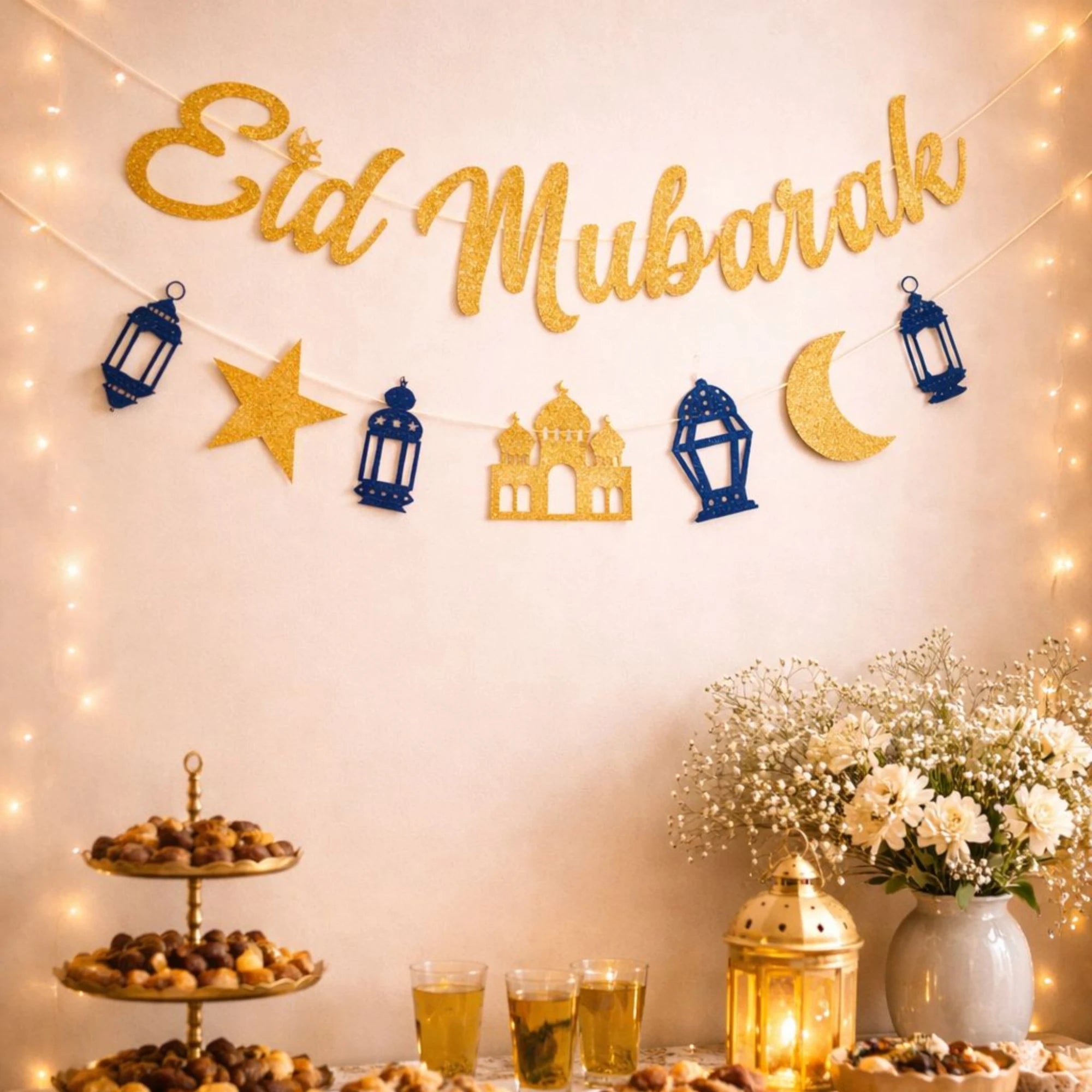 Luxe EID Mubarak Banner - Premium Islamic Celebration Decor featuring glitter gold lettering with lantern, mosque, star, and moon cutouts for Eid parties.