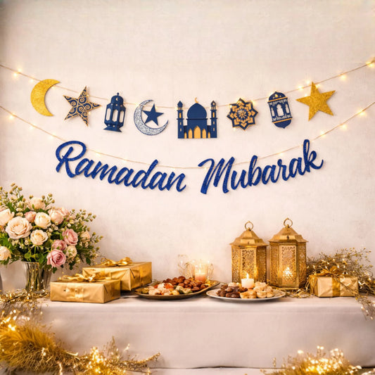 Luxe Ramadan Mubarak Banner - Premium Islamic Decoration featuring glittery blue script and gold accents, ideal for elegant Ramadan celebrations.