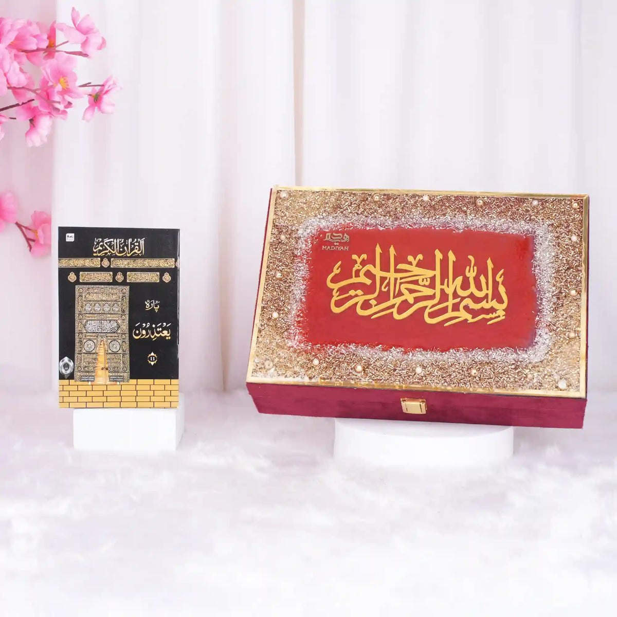 Pink flowers and Quran box with intricate gold design