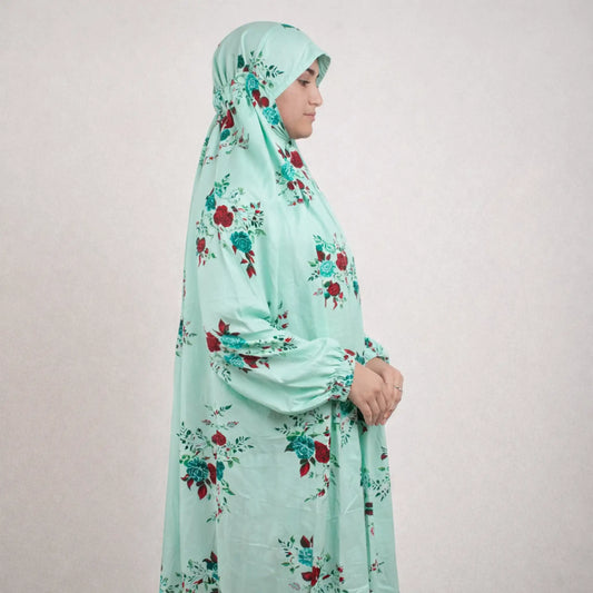 Side view of Prayer Dress 6 showcasing its flowing chiffon fabric and versatile coverage, ideal for modest fashion needs.