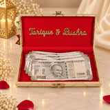 Inside view of Personalised Floral Haqq Mahr Box with custom names and currency, a unique Nikah essential and wedding gift.