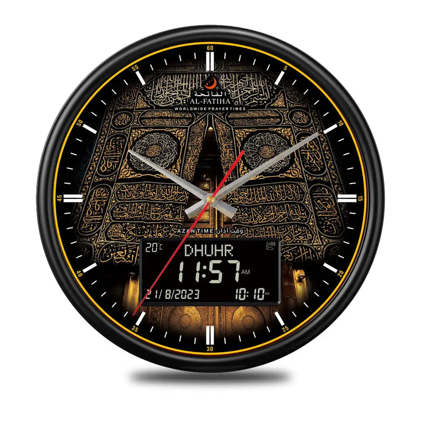 Makkah Wall Azan Clock - Al-Fatiha with Kaaba design, digital prayer time display, and temperature reading for Islamic home decor. Main image