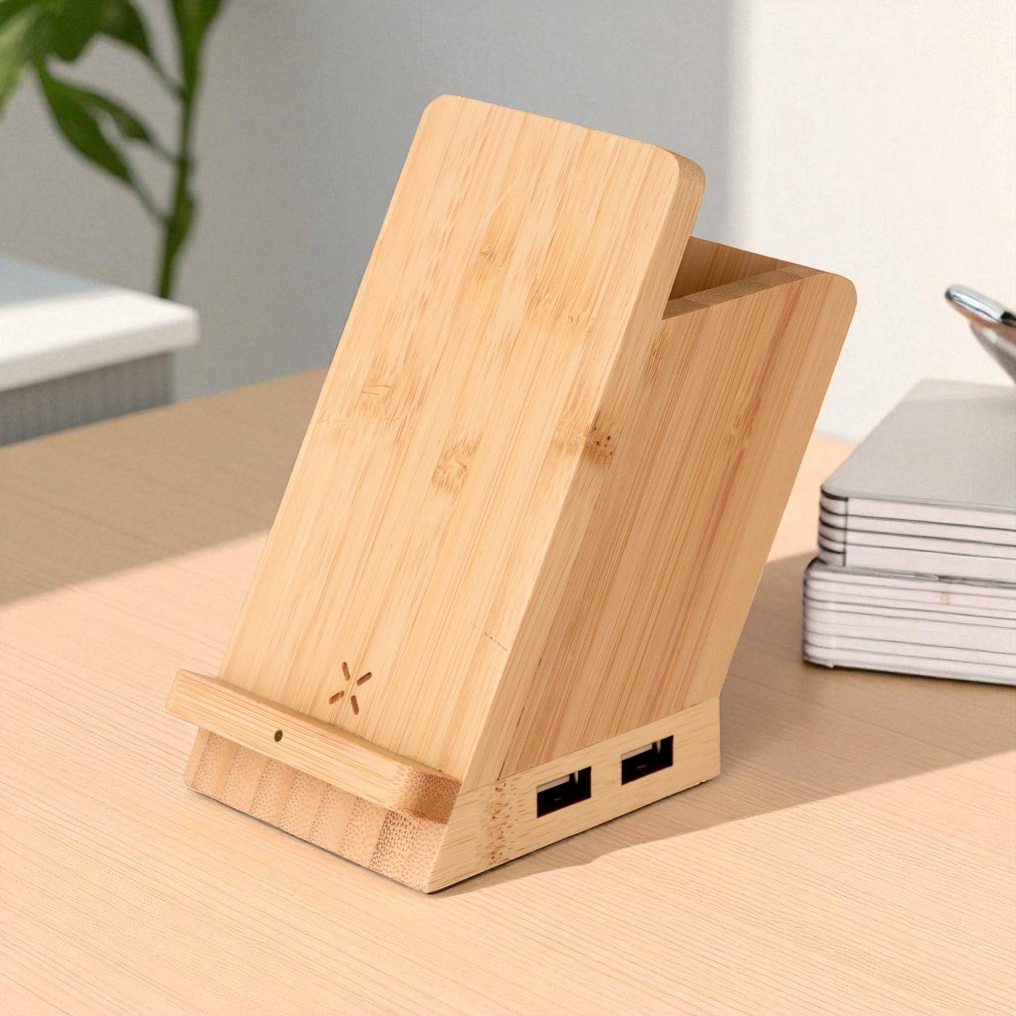 Maple 15W wireless charger & USB hub with pen stand in bamboo finish, ideal for desk organization and fast charging tech gifts. Main image