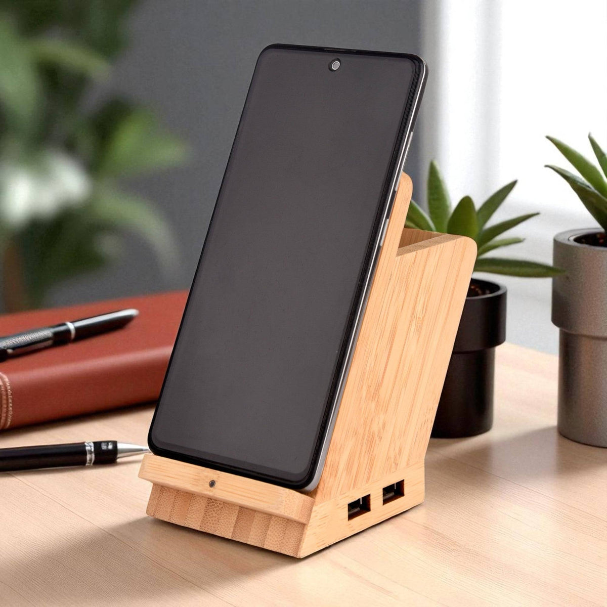 Smartphone docked on Maple 15W wireless charger & USB hub with pen stand, perfect for workspace charging and storage solutions.