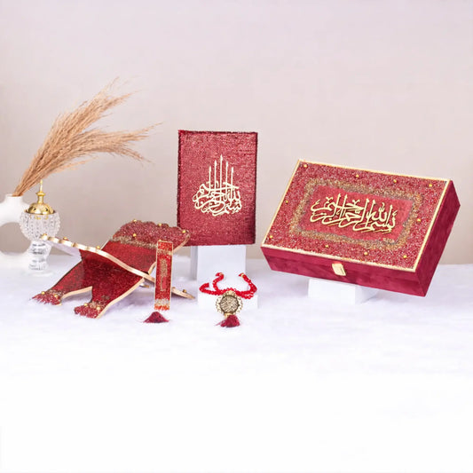 Red floral pearl Quran gift set with decorative box and accessories