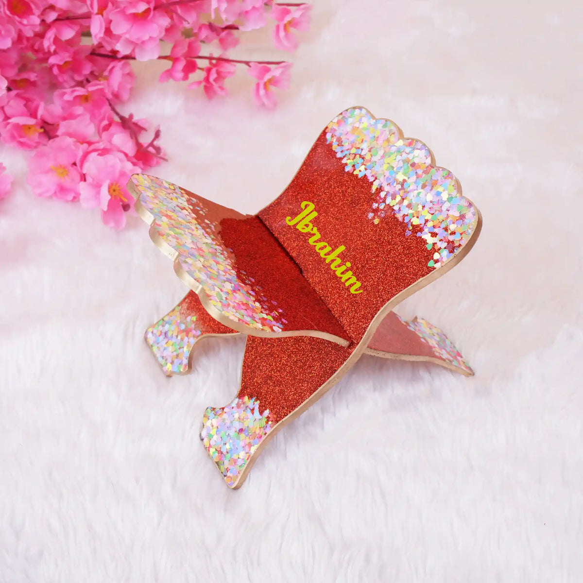 Maroon Kids Glitter Collection Ibadah Gift Set from Hadiyah Gifting featuring a personalized glittery red wooden Quran stand with name 'Ibrahim'.