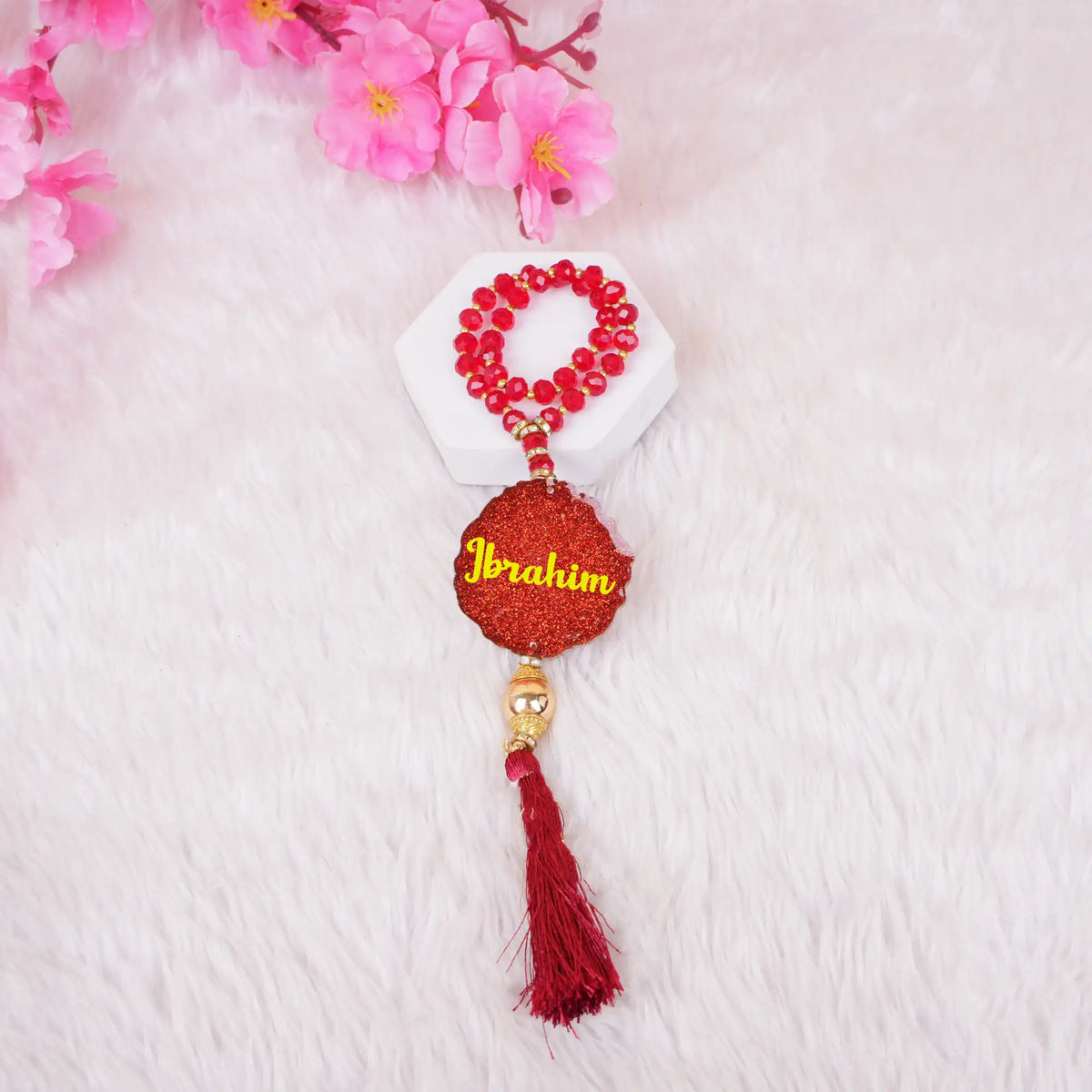 Maroon Kids Glitter Collection Ibadah Gift Set with personalized tasbeeh and glittery name tag, ideal for Ramadan & EID gifts for kids at Hadiyah Gifting.