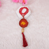Red Kids Glitter Tasbeeh with 33 beads and custom 'Ali' name tag, includes a decorative tassel, great for religious occasions and gift delivery.