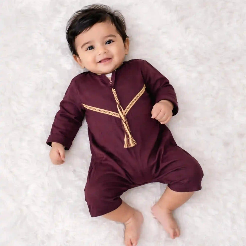 Maroon Thobe Romper for Baby Boys in soft fabric with Omani style embroidery, perfect for Ramadan and Eid celebrations. Main image