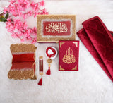 Maroon Sawab-E-Jariya Hamper featuring Quran, Tasbeeh, Janamaz, and velvet rehal. Elegant Islamic gift set for Eid, weddings, and religious ceremonies.