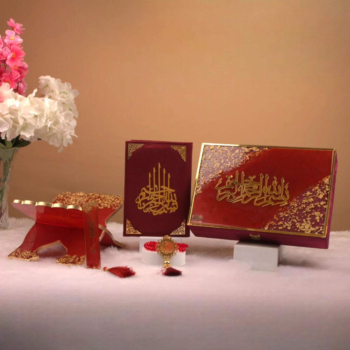 Maroon Flakes Rehal Hamper - Premium Quran Gift Set with velvet Quran, acrylic tasbeeh, and decorative Rehal. Ideal for Islamic gifting occasions.