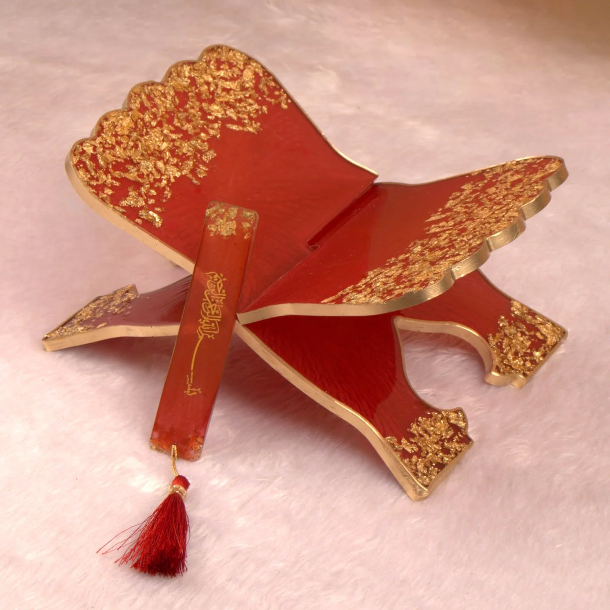 Decorative maroon and gold Rehal with matching bookmark, part of the Maroon Flakes Bridal Hamper for elegant Quran presentation.