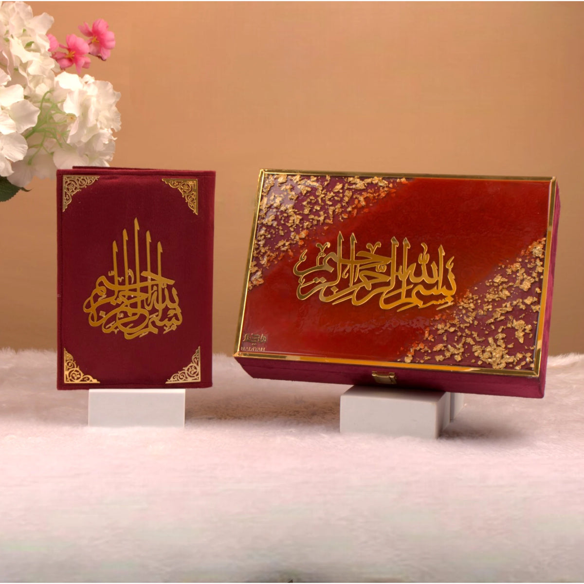 Premium Quran Gift Set featuring maroon velvet Quran and gold-embellished box from the Maroon Flakes Rehal Hamper. Perfect for ceremonial gifting.