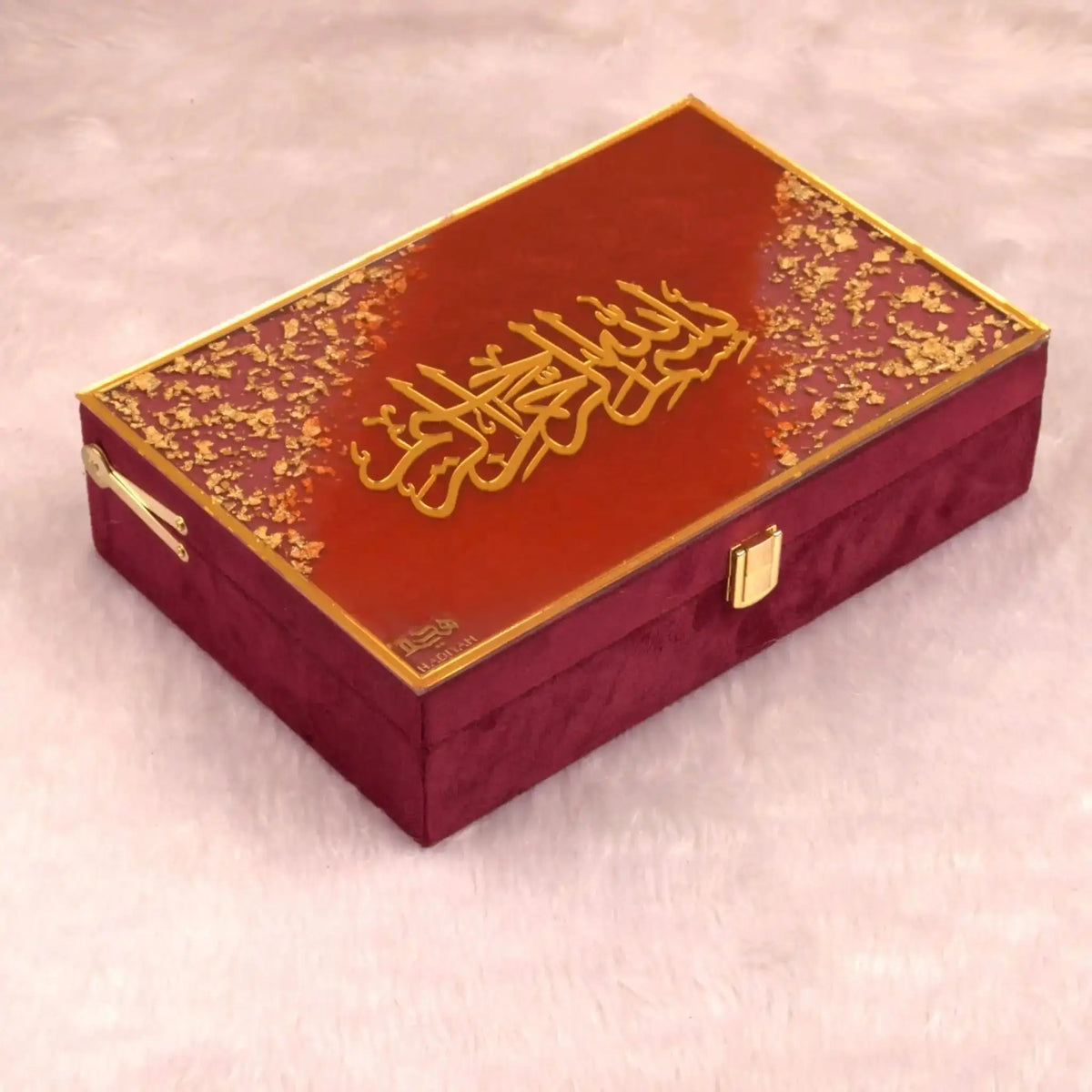 Luxurious maroon and gold gift box from the Maroon Flakes Bridal Hamper, perfect for presenting a Quran gift set for brides.