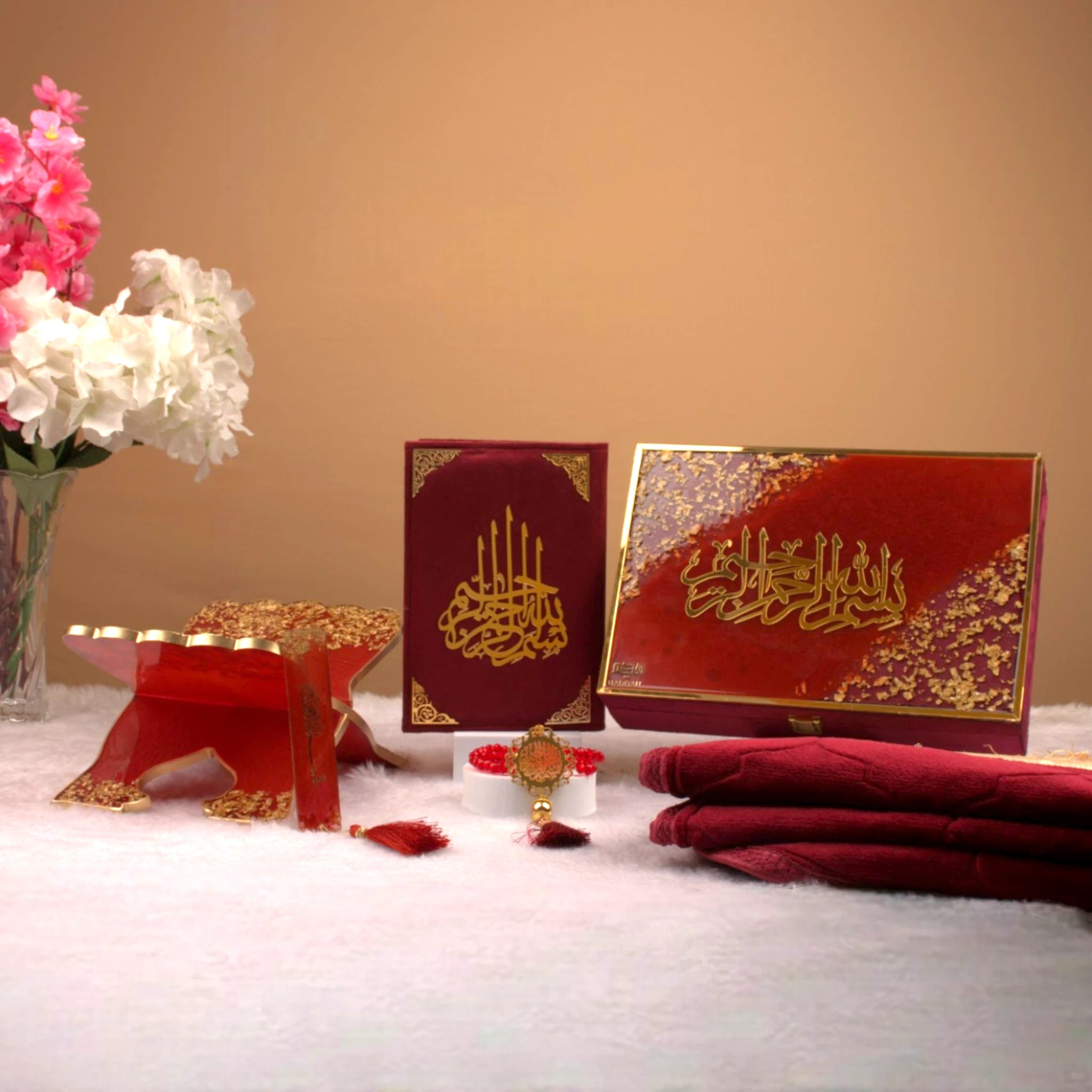 Elegant Maroon Flakes Bridal Hamper with Quran, Rehal, Tasbeeh, and prayer essentials, ideal for wedding gifts and Sawab-e-Jariya offerings. Main image
