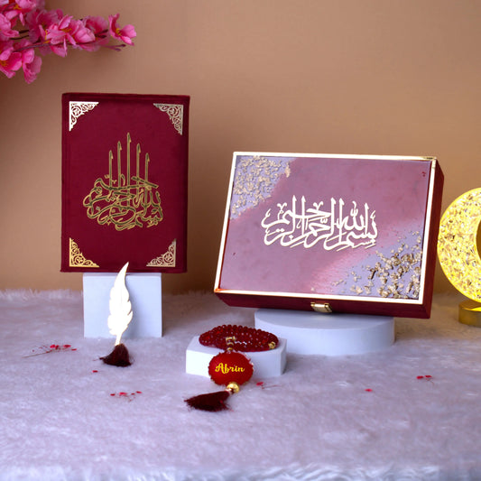Elegant Maroon Flakes Tilawat-e-Quran set featuring a velvet Quran, crystal Tasbeeh, and gold feather bookmark. Perfect for wedding or spiritual gifting.