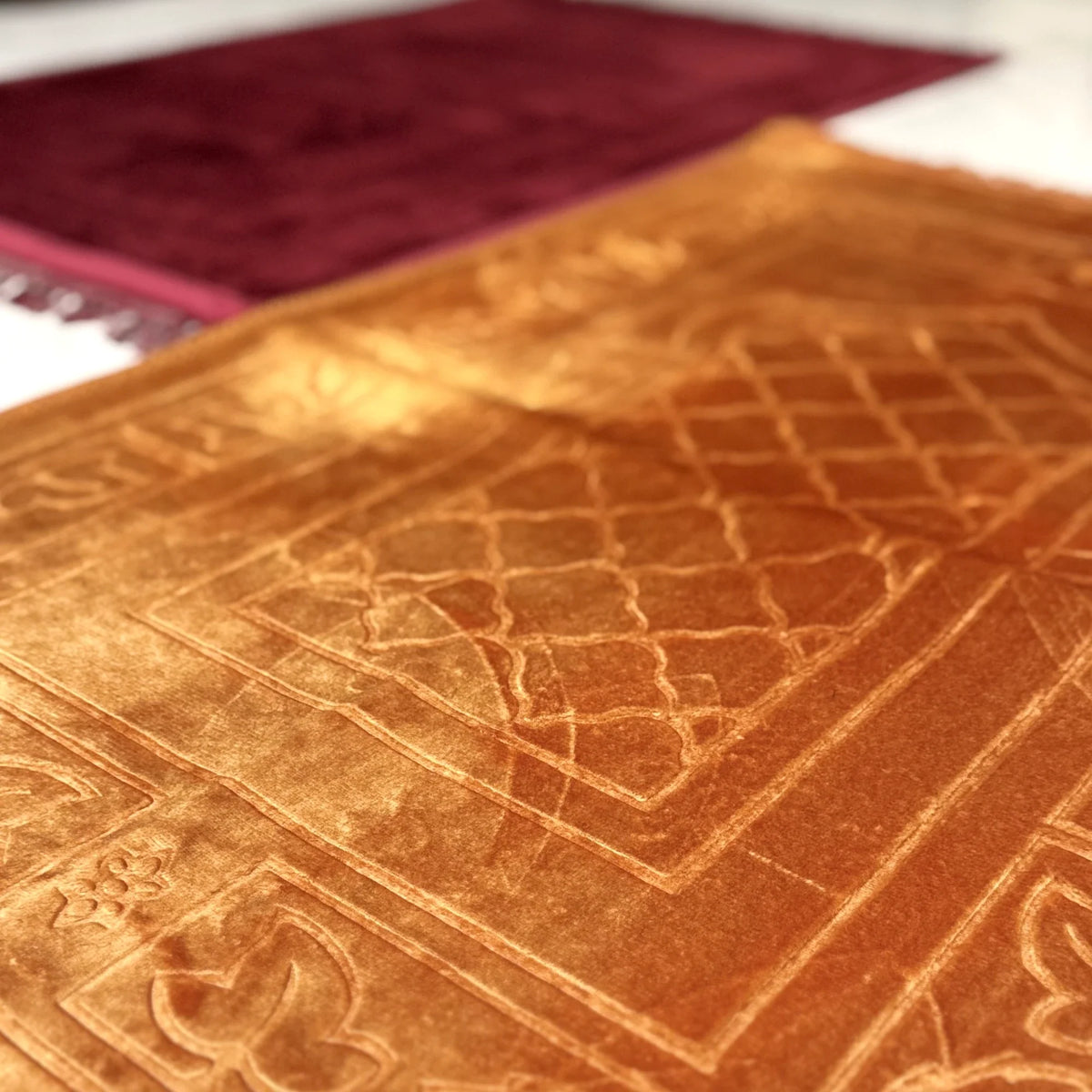 Golden prayer mat from Rectangle Couple Janamaz Set, showcasing plush texture and intricate design, ideal for wedding gifting.