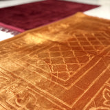 Golden prayer mat from Rectangle Couple Janamaz Set, showcasing plush texture and intricate design, ideal for wedding gifting.