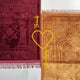 Two prayer mats, one red and one brown, with intricate patterns and 'Yusuf' branding.
