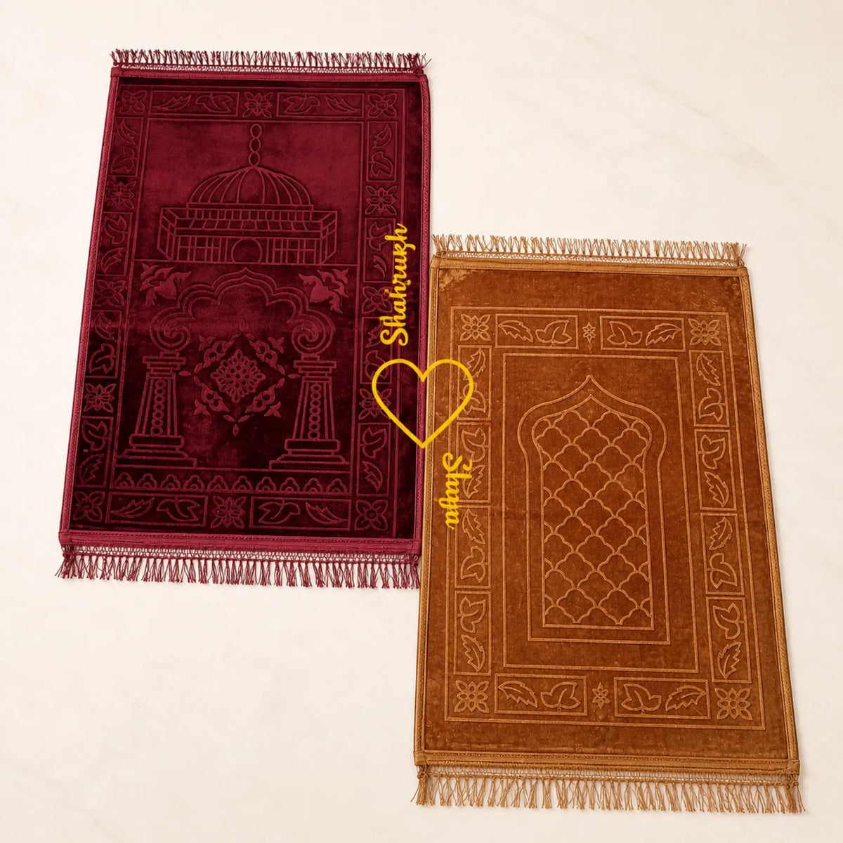 Golden & Maroon Couple Janamaz Set featuring two soft rectangular prayer mats with heart design, ideal for Islamic weddings and gifts.