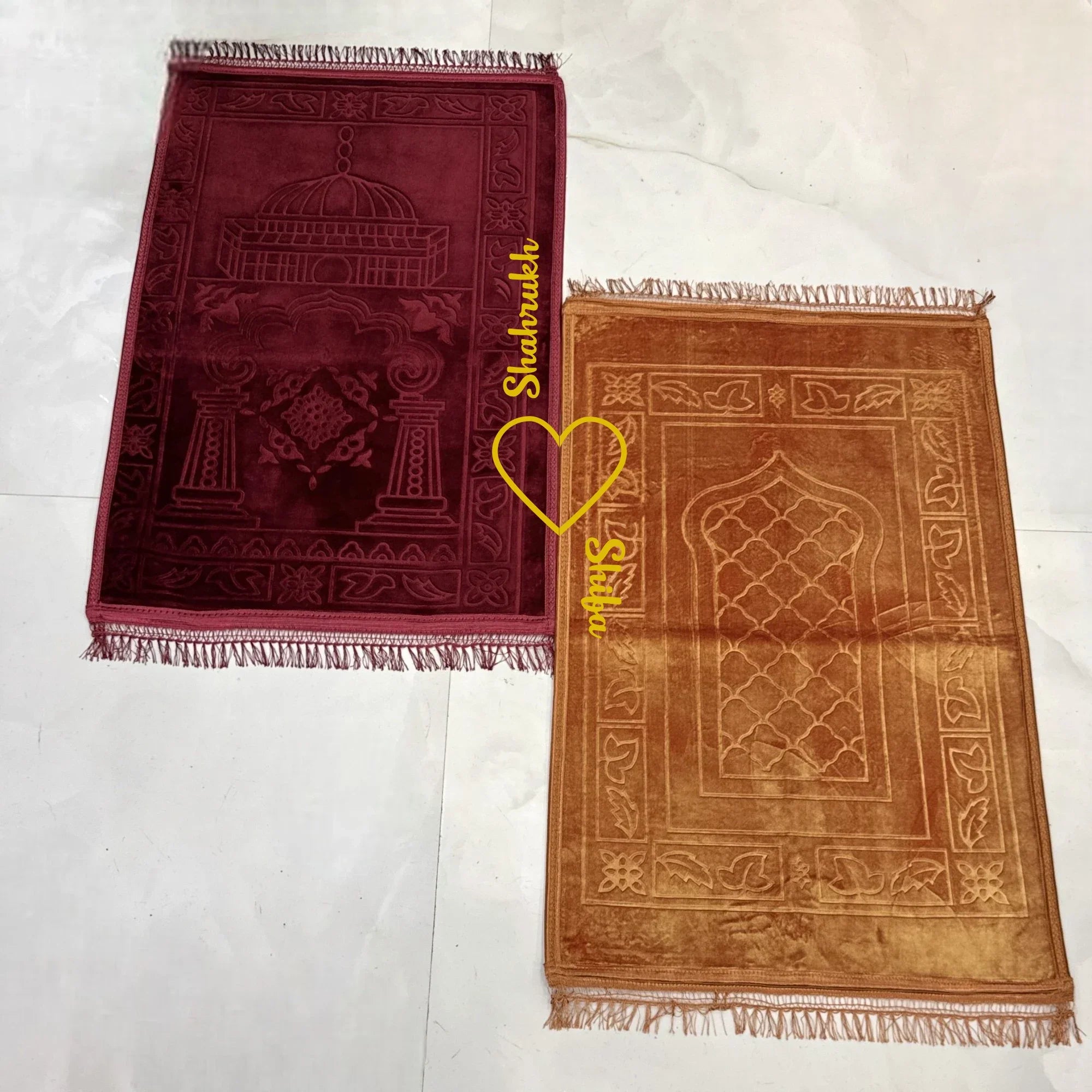 Golden & Maroon Couple Janamaz Set featuring two soft rectangular prayer mats with heart design, ideal for Islamic weddings and gifts. Main image