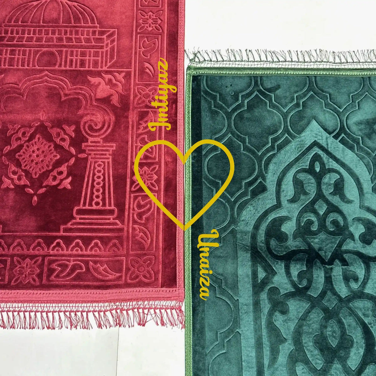 Two prayer mats, one red and one green, with intricate patterns and 'Nawaz' branding.