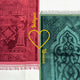 Two prayer mats, one red and one green, with intricate patterns and 'Nawaz' branding.