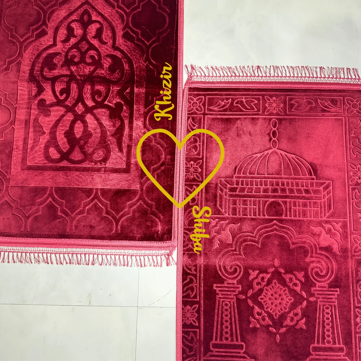 Couple Janamaz Prayer Mat in maroon shades with heart design and personalized names, made from soft, durable fabric for Islamic wedding gifts.