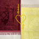 Two prayer mats, one red and one yellow with intricate patterns, on a white background.