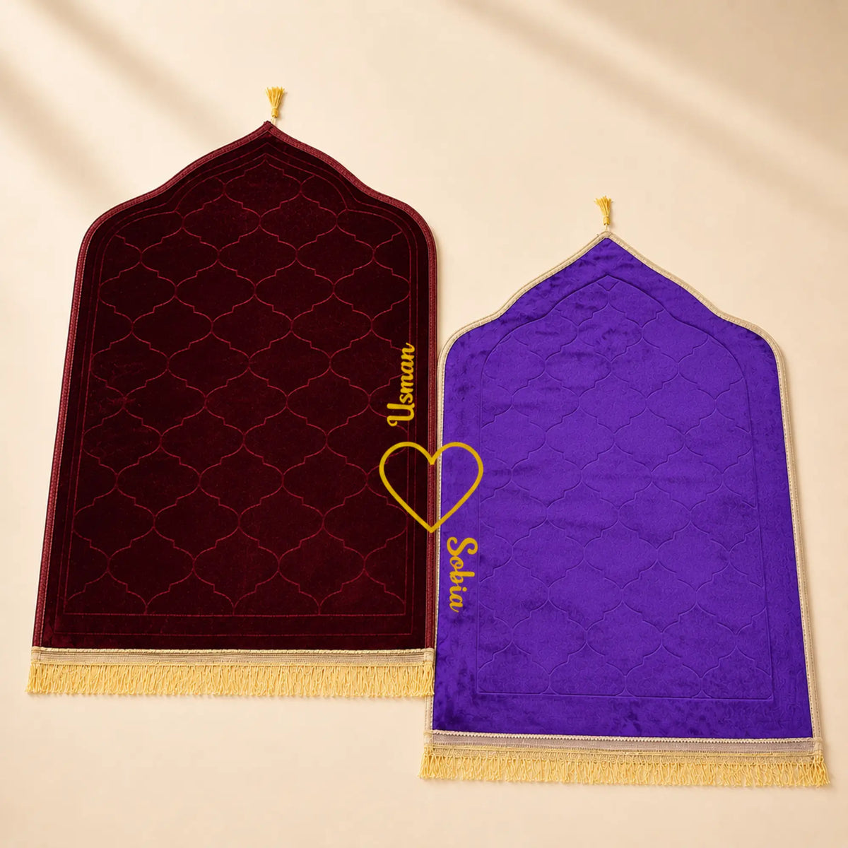 Maroon & Purple Couple Dome Janamaz - Prayer Mats Set featuring heart design and personalized names, ideal for Islamic weddings or gifts.