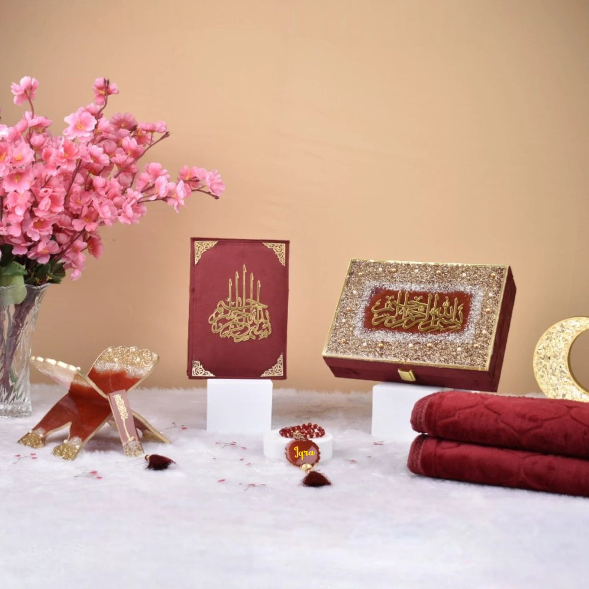 Premium Kid's Maroon Quran Gift Set with decorative box, prayer mat, and tasbeeh, ideal for Eid and Bismillah ceremonies.