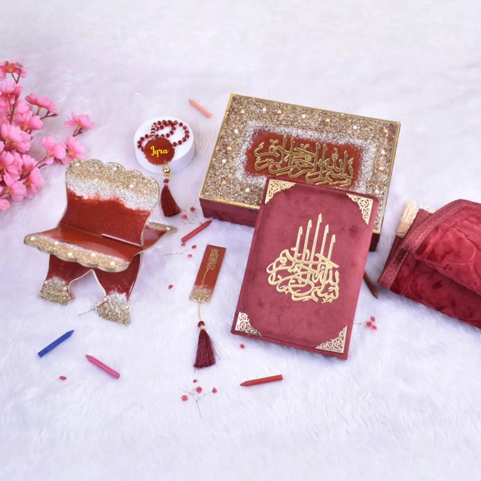 Kid's Maroon Sawab-e-Jariya Hamper featuring a premium Quran, tasbeeh, rehal, bookmark, and designer box for Islamic gifting occasions. Main image