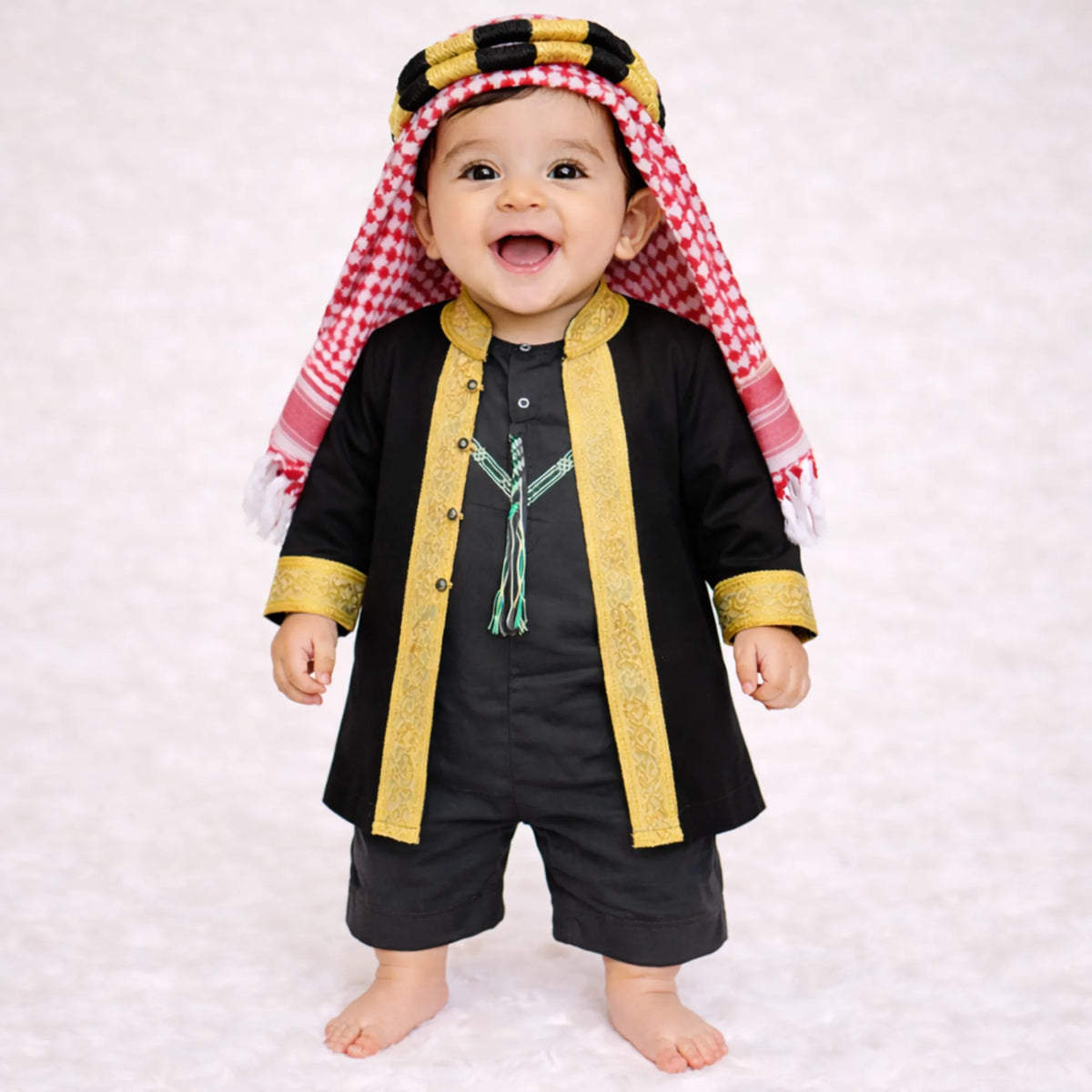 Baby boy in traditional black and gold Islamic outfit with red and white headscarf