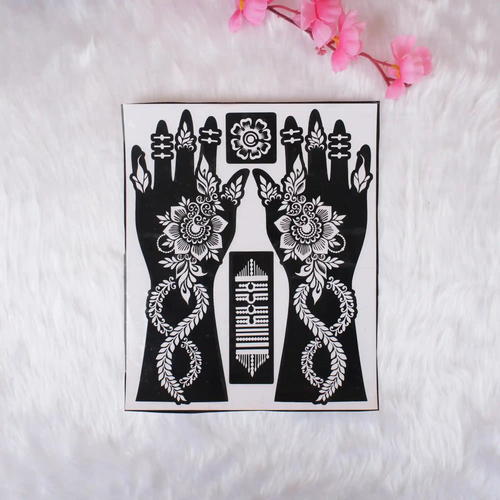 Mehendi Stencils with bold floral and vine motifs for hand decoration, perfect for weddings, festivals, and creative henna art sessions.