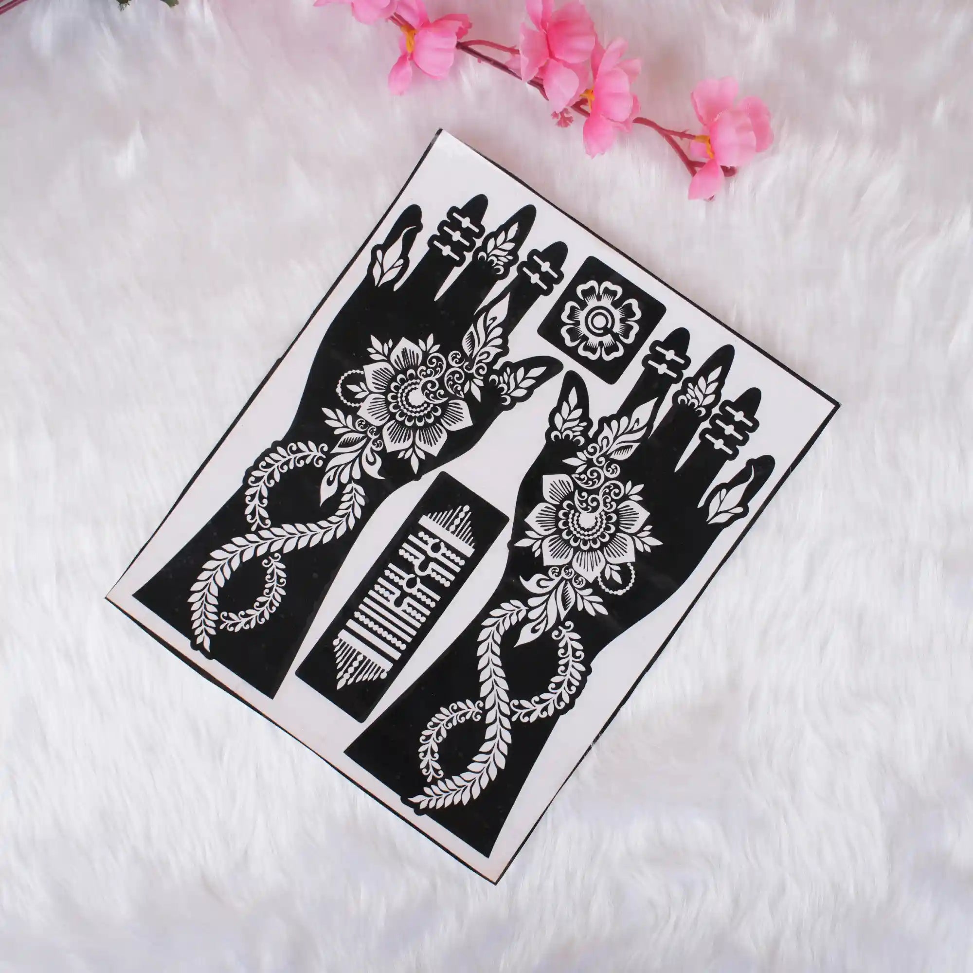 Reusable Mehendi Stencils featuring large floral and leafy patterns for hands, designed for easy and symmetrical henna application.