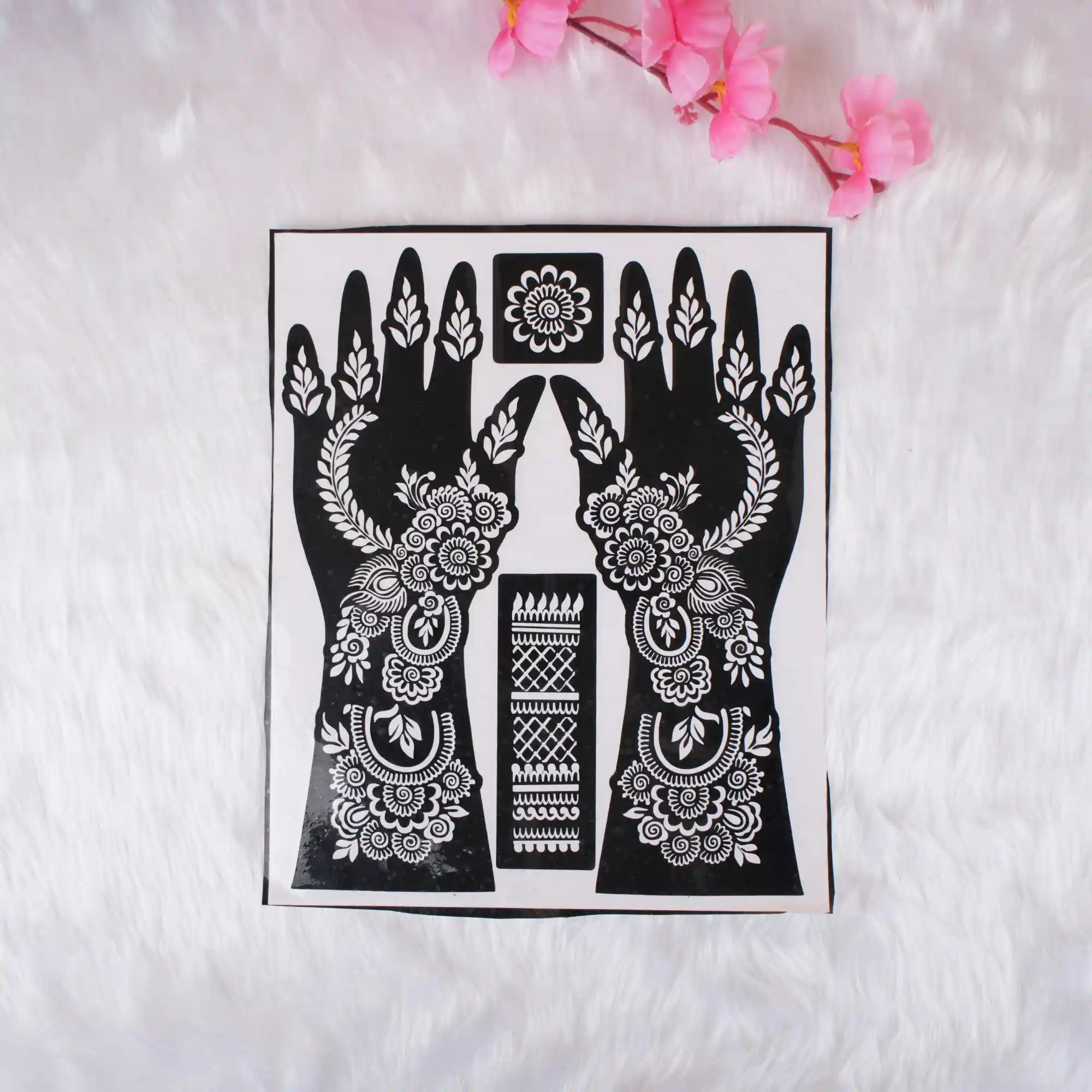 Detailed Mehendi Stencils with symmetrical floral and geometric patterns for hands, great for creating elegant henna designs effortlessly. Main image