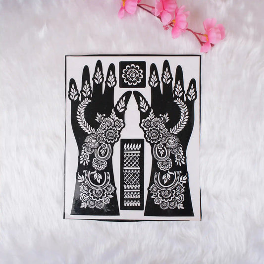 Detailed Mehendi Stencils with symmetrical floral and geometric patterns for hands, great for creating elegant henna designs effortlessly.