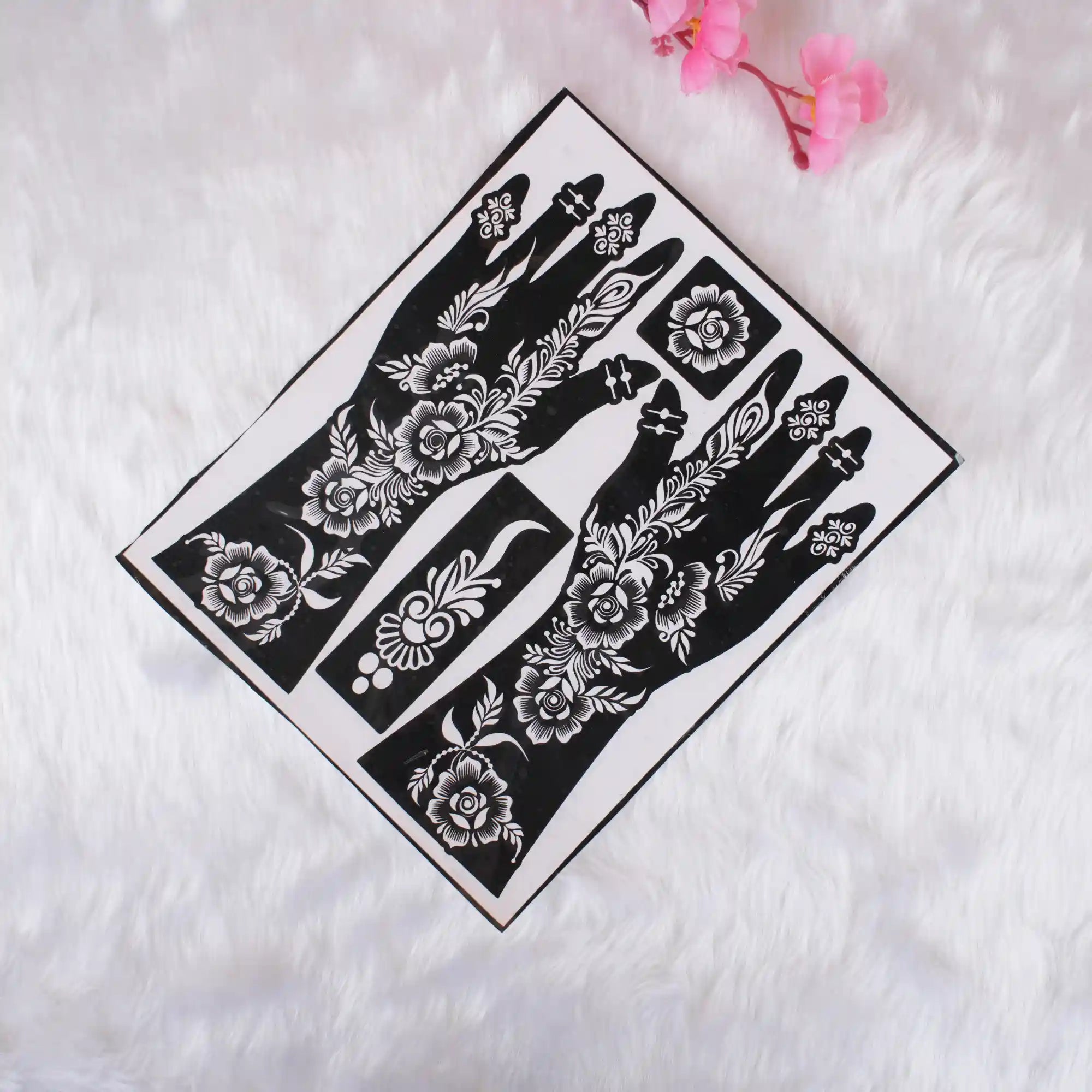 Reusable Mehendi Stencils featuring intricate floral motifs for hands and fingers, perfect for DIY henna art and creative gift ideas.